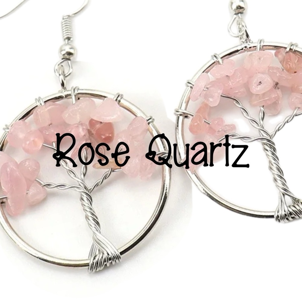 Rose Quartz Tree of Life Silver Earrings